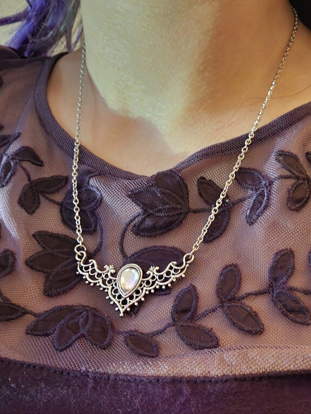 Silver Filigree Necklace with White Teardrop Stone